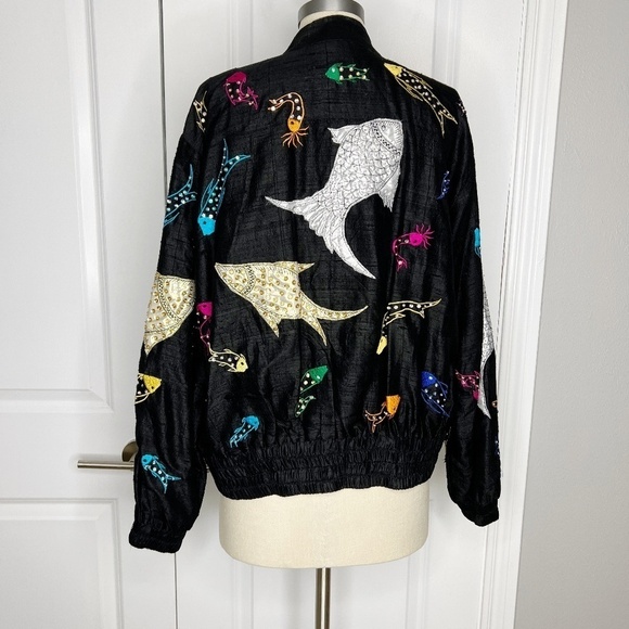 Vintage JA Resort Embroidered Black Silk Bomber Jacket Fish Sequins Sz Medium - Picture 4 of 8